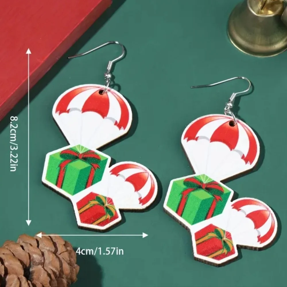 Festive Christmas Parachute Gifts Presents Wooden Womens Dangle Drop Earrings‎